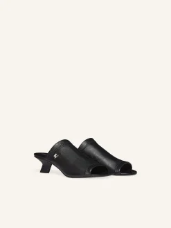 WET STRETCH LEATHER HEELED MULES